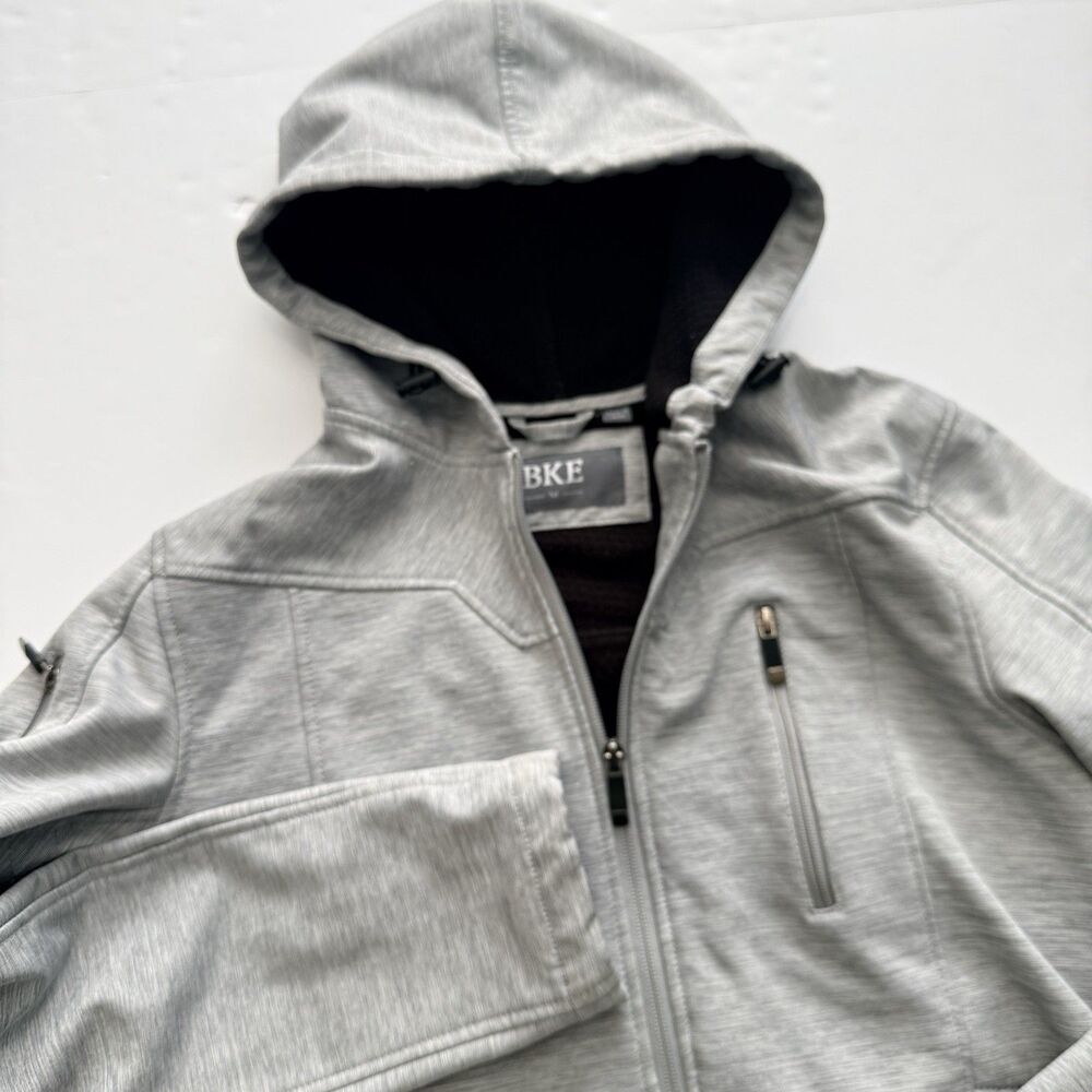 BKE Softshell Tech Jacket Men’s Medium Heather Gray Hooded Fleece-Lined Full Zip